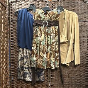 Tropical Floral Dress with Belt, Blue Party Dress and Classy Brown Sweater